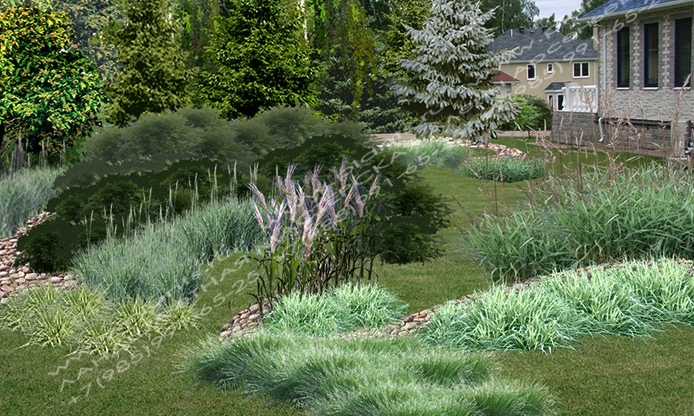 Дизайн сада участка 12 соток - вид от входа на сад трав